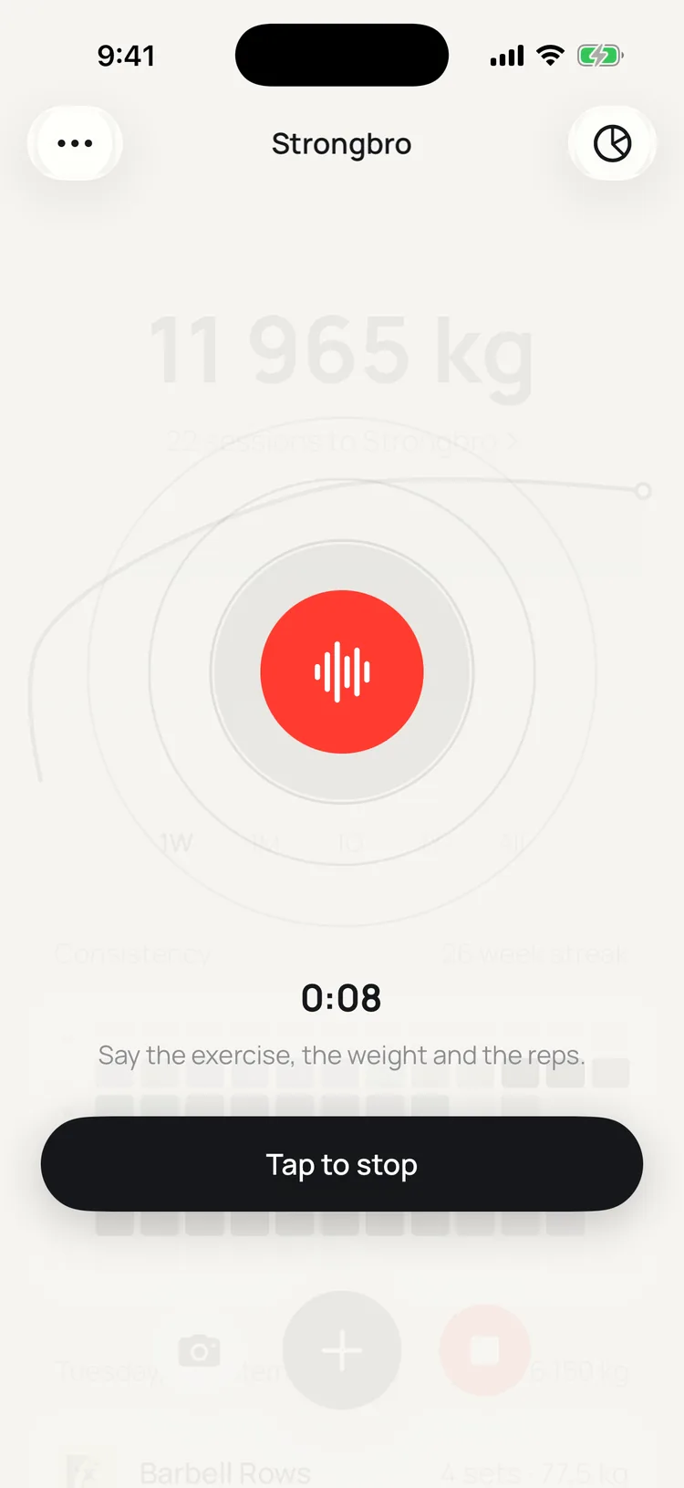 Voice logging in progress: red mic core with halo rings and a tap-to-stop pill
