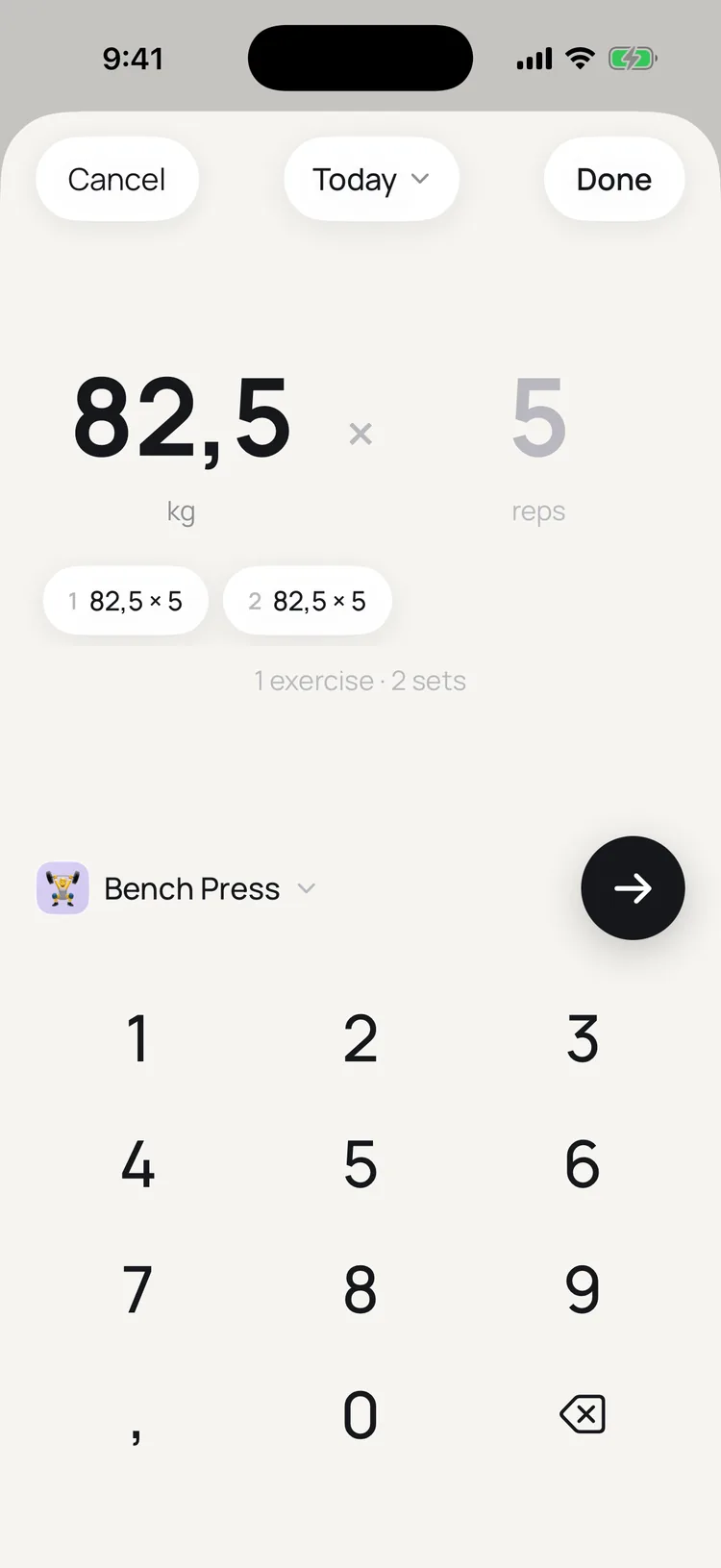 Keypad logging: 82.5 kg by 5 with two logged set pills for bench press